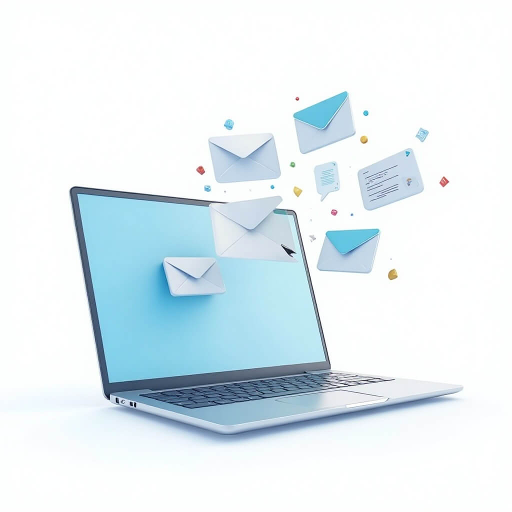 Open laptop with flying email envelopes and content icons (pen, blog, message bubble). Clean vector style, white background with blue accent (#1684FF), representing communication and engagement.